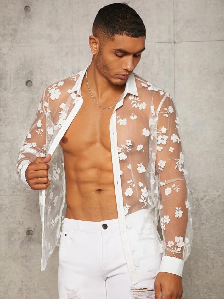 Uptown Funky Men Floral Print See Through Long Sleeve Button Up Plain Sexy Shirt